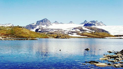 Scenic view of lake against mountain range