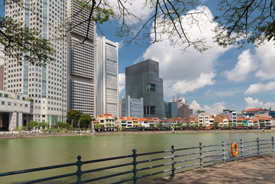 City buildings by river against sky