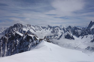 Scenic view of snow covered mountains against sky