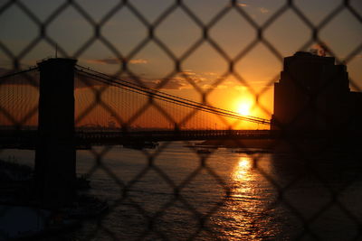 Close-up of chainlink fence at sunset