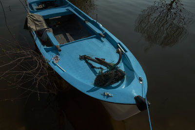 High angle view of boats moored in lake