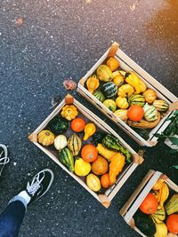 High angle view of vegetables in containers