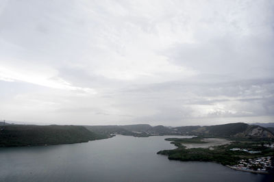 Scenic view of lake against cloudy sky