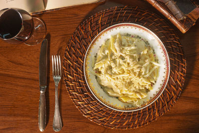 High angle view of food in bowl on table