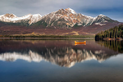 Scenic view of lake and mountains against sky