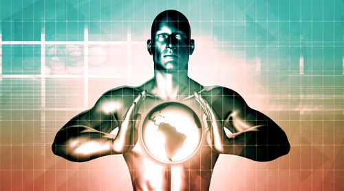 Digital composite image of man using smart phone