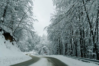 Road amidst snow covered trees during winter
