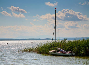 A sailing boat in may on neusiedler lake near podersdorf.