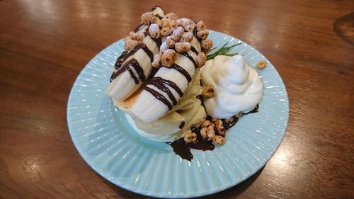High angle view of dessert in plate on table