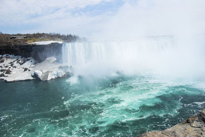 Scenic view of waterfall against sky