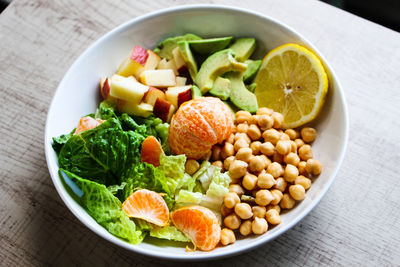 High angle view of salad in bowl on table