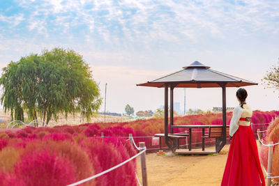 Rear view of woman standing by plants against sky