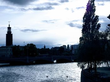 Bridge over river with buildings in background