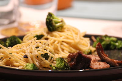 Close-up of italian pasta food with tuna and brocoli