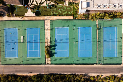 Aerial view of 2 tennis blue tennis courts.