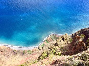 High angle view of beach against blue sky