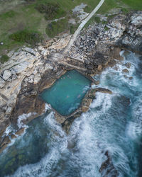 High angle view of water flowing through rocks