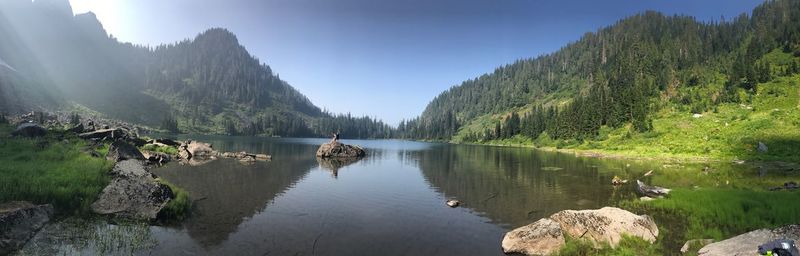 Panoramic view of lake by mountains against clear sky