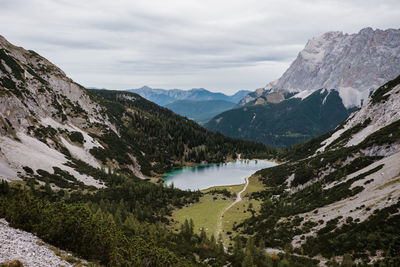 Scenic view of lake by mountains against sky