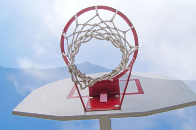 Basketball hoop against a blue sky. bottom view.