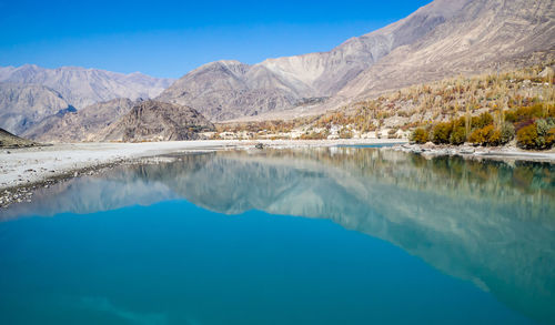 Scenic view of mountains against clear blue sky