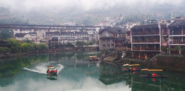 High angle view of people on boat in river