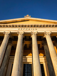 Low angle view of building against clear blue sky