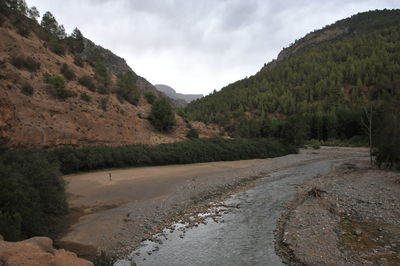 Scenic view of road by mountains against sky