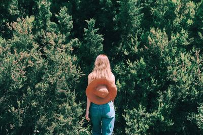 Rear view of woman with hat standing against trees in forest during sunny day