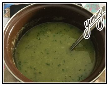 High angle view of soup in bowl