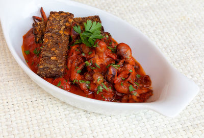 High angle view of food in plate on table