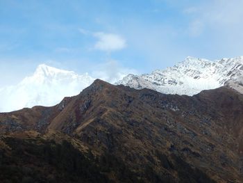 Low angle view of snowcapped mountains against sky