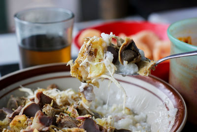 Close-up of food served on table