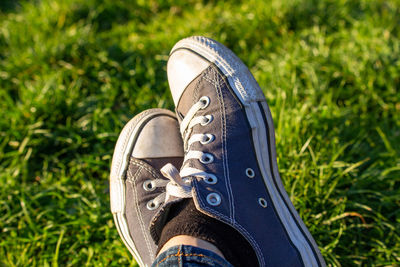 Low section of person in canvas shoes on grass