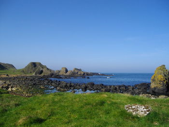 Scenic view of sea against clear blue sky