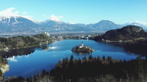 Scenic view of lake and mountains against sky