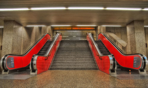 High angle view of illuminated escalator