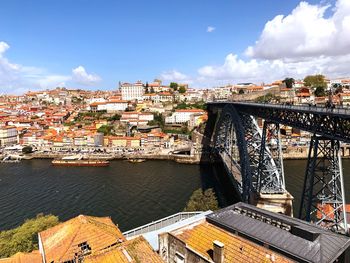 Bridge over river amidst buildings in city against sky