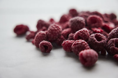 Close-up of pile of raspberries