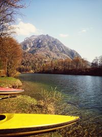 Scenic view of lake by mountains against sky