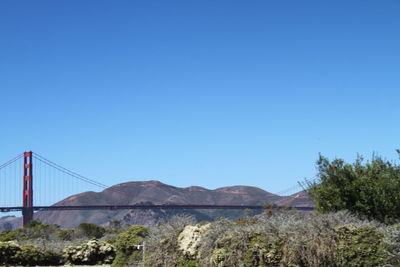 View of suspension bridge against blue sky