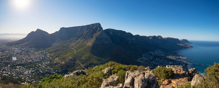 Panoramic view of sea and mountains against clear blue sky