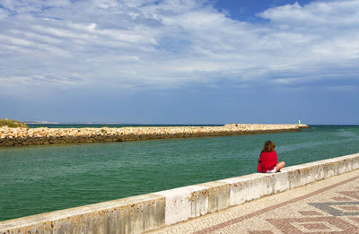 Rear view of woman overlooking calm blue sea