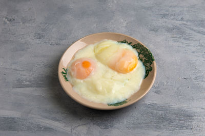 High angle view of breakfast served on table