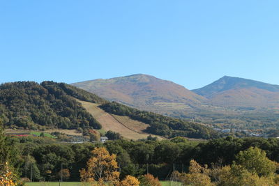 Scenic view of mountains against clear blue sky