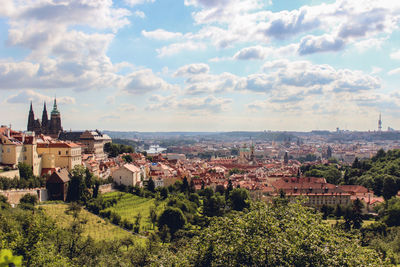 Cityscape against cloudy sky