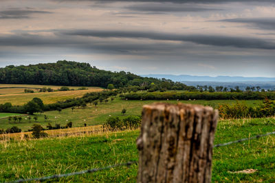 Scenic view of farm against sky