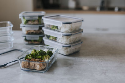 Stacks of boxes with healthy lunches as part of meal prep