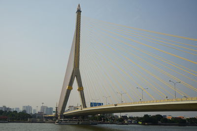Suspension bridge against sky in city