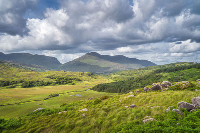 Beautiful molls gap with owenreagh river valley and mountains, ring of kerry, ireland